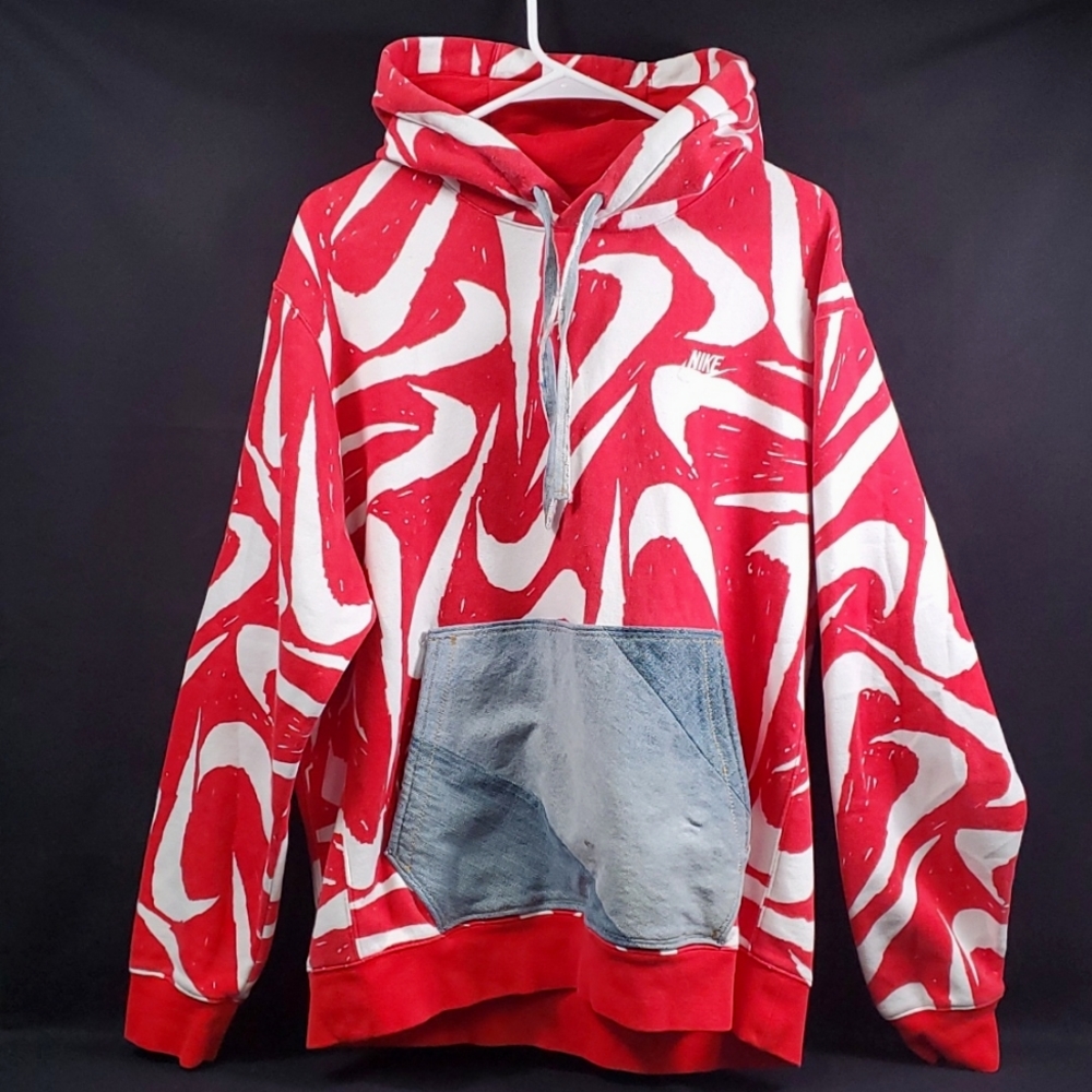 Modified Mens Nike  Hoodie Club Pull Over All Over Swoosh Denim Pocket / Strings